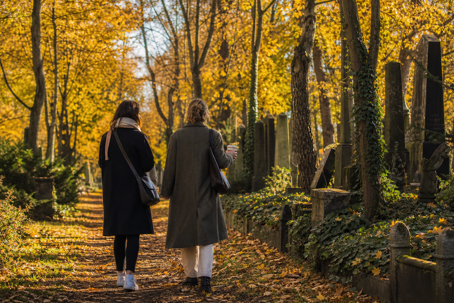 To venner går ad en allé med gule blade og gamle gravsten i en kirkegårdspark i lavt oktobersolskin
