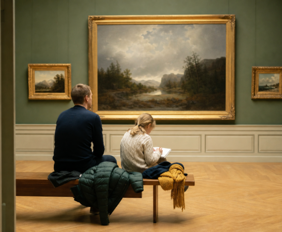 Far og datter på bænk i en næsten tom museumssal med oliemalerier, datteren tegner i skitsebog en efterårsdag