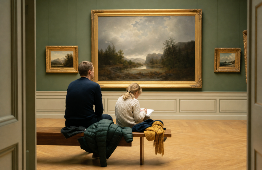 Far og datter på bænk i en næsten tom museumssal med oliemalerier, datteren tegner i skitsebog en efterårsdag