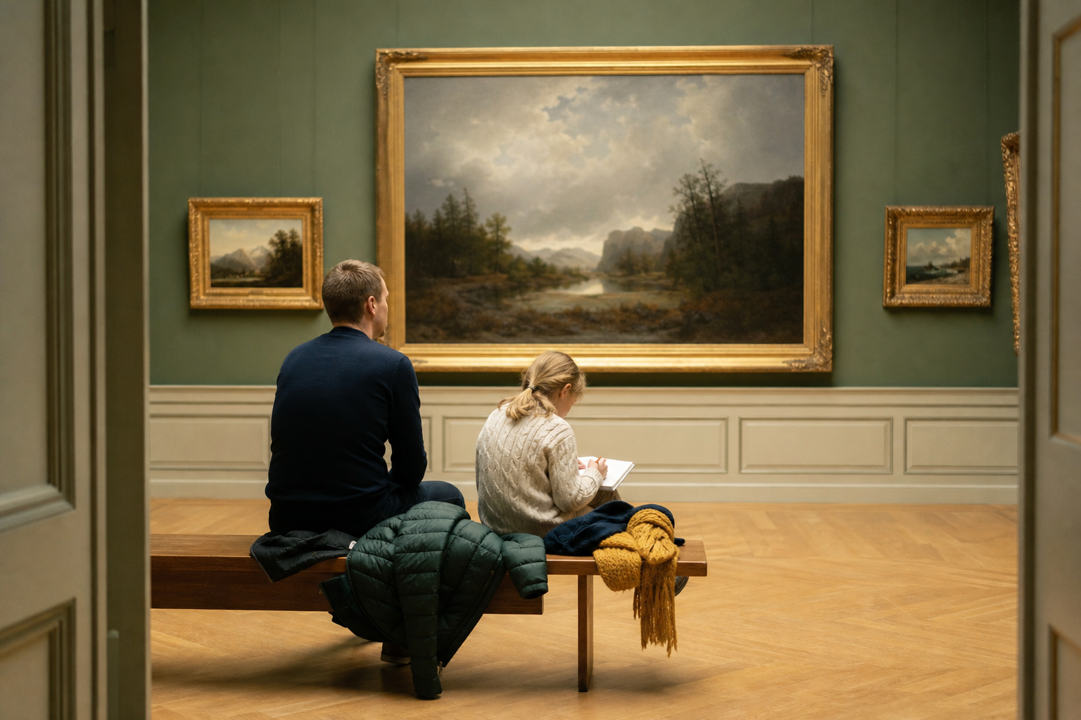 Far og datter på bænk i en næsten tom museumssal med oliemalerier, datteren tegner i skitsebog en efterårsdag