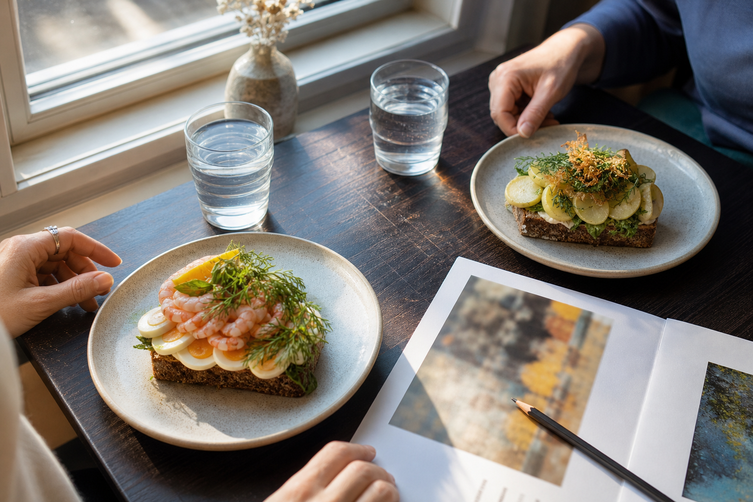 Café-bord ved vindue med smørrebrød, vandglas og en udstillingsfolder med blyant